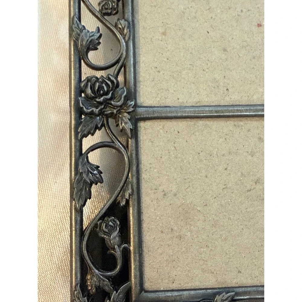Vintage Pewter Tone Rose Filigree Double Photo Frame Floral 2x3 Horizontal